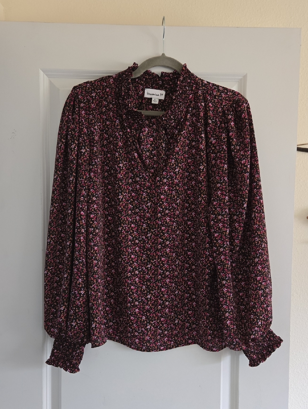 Black Floral Long-Sleeve Ruffle Neck Blouse